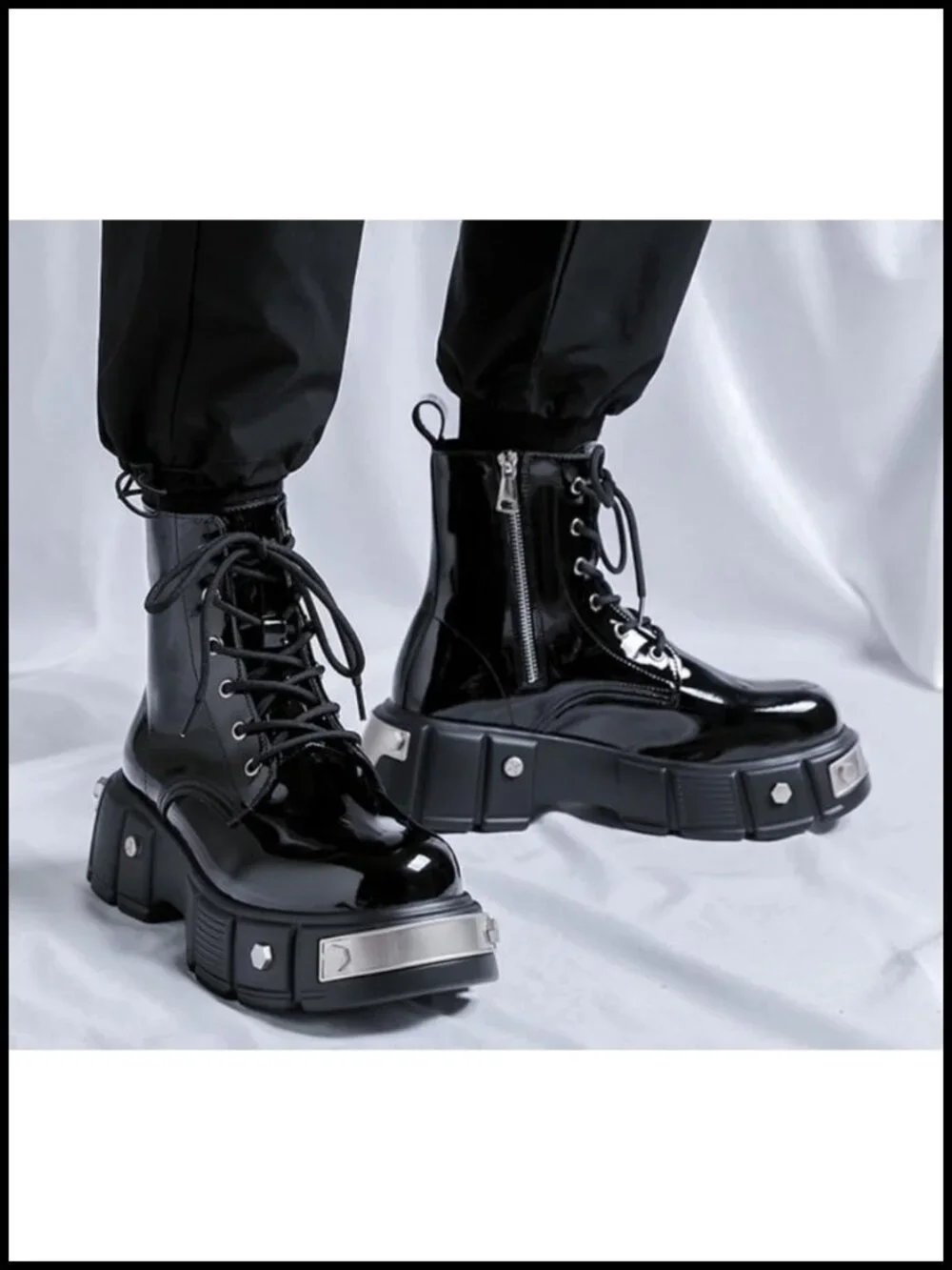 Men's Lace Up Platform Motorcycle Boots Patent Leather Ankle Boots with Side